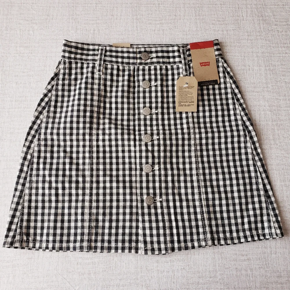 🆕️Levi's Plaid Checker Print Black Gray White Cotton A-Line Skirt SZ 25 - Picture 2 of 11